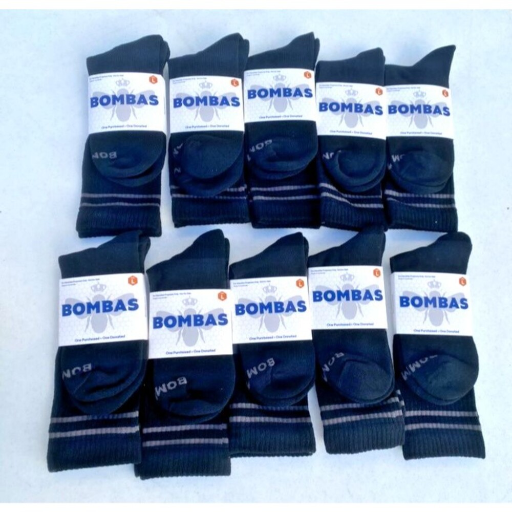 10 Pairs BOMBAS Mens Calf Length Logo Gray Stripe Black Socks Size Large 10-13